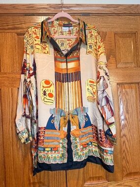 VINTAGE 100% Silk Egyptian Motif Button-Front Shirt -Beige & Multicolor- Spiegel